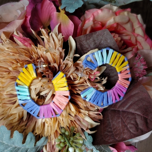 NWT Pastel Octogonal Raffia Open Hoop Earrings - Picture 5 of 14